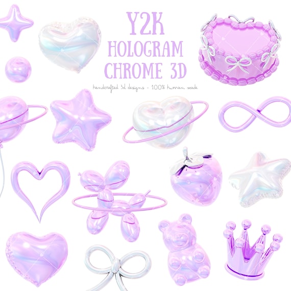 Y2K Holographic Chrome 3D Clipart, 3D Y2K Chrome,cute Aesthetic