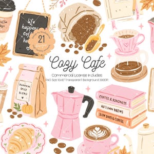 Puede incluir: Un conjunto de ilustraciones digitales con temática de café que incluye una pizarra con texto, un saco de arpillera con granos de café, una cafetera moka rosa y una pila de libros con los títulos Coffee & Kindness, Autumn Brews y Slow Days & Coffee.