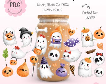 Libbey-glas voor Halloween-spook, png | 16oz schattige spookpompoen schedel snoep Trick or Treat Boo Wrap | Spooky Fun UV-DTF-wrap