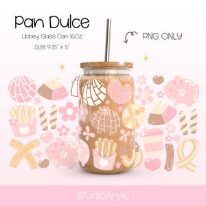 Kawaii Conchas PNG Libbey Glass Can Wrap | Cute Mexican Pan Dulce Bakery Piggy Churros Coffee Tumbler Design | Pastel UV DTF Wrap