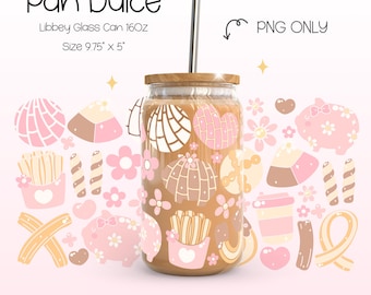 Kawaii Conchas PNG Libbey glasburkförpackning | Söt mexikansk panna, dulce, bageri, gris, churros, kaffeglasdesign | Pastell UV DTF-förpackning