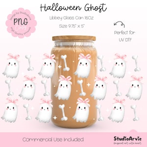 Halloween Ghost Bow Libbey Glass Can Wrap PNG | 16oz Cute Pastel Ghost Pink Bow Bone Kawaii Spooky Cute Wrap | UV DTF Wrap