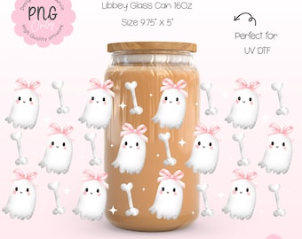 Halloween Ghost Bow Libbey Glass Can Wrap PNG | 16oz Cute Pastel Ghost Pink Bow Bone Kawaii Spooky Cute Wrap | UV DTF Wrap
