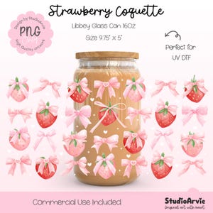 Strawberry Coquette Libbey Glass Can Wrap PNG | 16oz Pink Bow Heart Strawberry Cute Girly Romantic Aesthetic Wrap | UV DTF Wrap