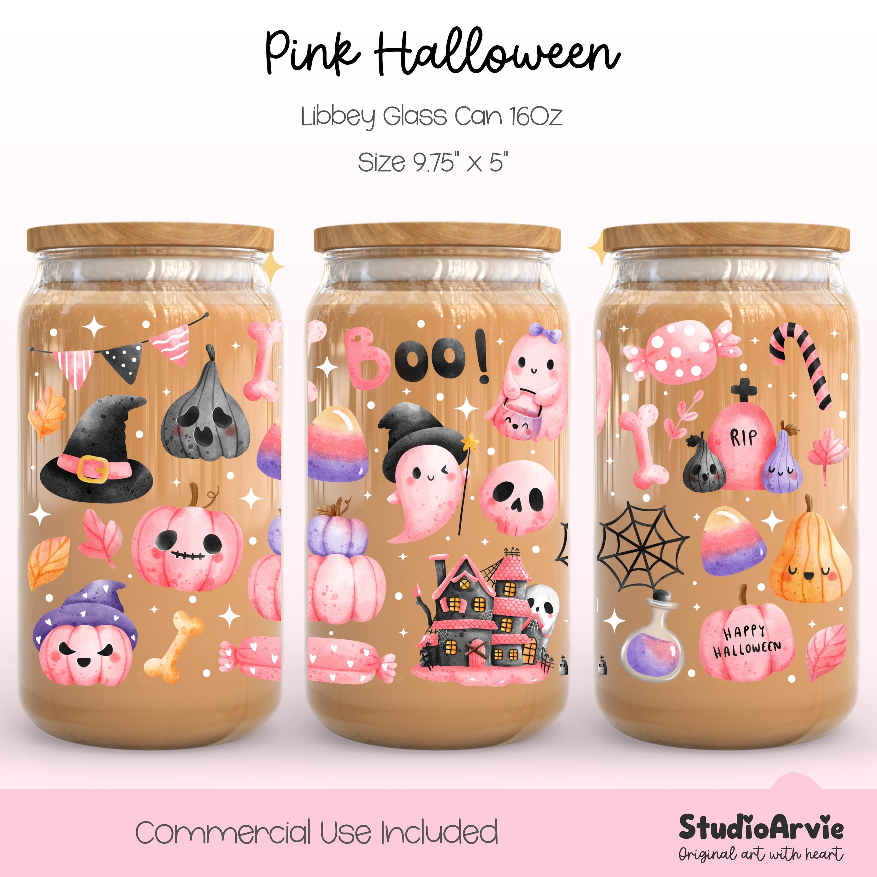 Pink Halloween Libbey Glass Can Wrap PNG | 16oz Cute Ghost Candy ...