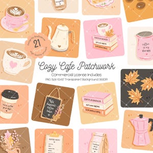 Gezellige café-patchwork clipart, koffie PNG SVG-bundel, herfst koffiehuisafbeeldingen, schattige café-clipart, herfst sublimatieontwerpen