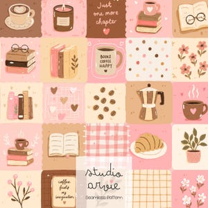 May include: A seamless pattern featuring coffee cups, books, hearts, and floral elements in shades of pink, brown, and beige. The text "Just one more chapter" and "Books Coffee Happy" are visible. The pattern includes a croissant and a coffee maker.