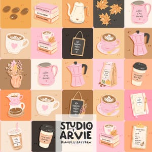 Può includere: Un motivo continuo con illustrazioni a tema caffè che includono tazze con disegni a cuore, caffettiere moka, pile di libri intitolati Coffee & Kindness, Autumn Brews, chicchi di caffè, foglie d'acero e cartelli con la scritta Life happens, coffee helps.