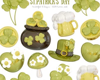 Clipart 3D per il giorno di San Patrizio: trifogli portafortuna PNG, cappello da folletto verde PNG, download digitale per sublimazione per il giorno di San Patrizio