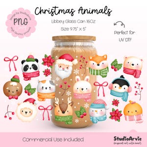 May include: A clear Libbey glass can with a wooden lid, decorated with various Christmas animal designs. The can is 9.75 inches tall and 5 inches wide. The design includes a panda, Santa, fox, bear, and other festive characters.