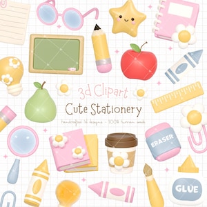 Puede incluir: Un conjunto de imágenes de clipart 3D que presentan lindos artículos de papelería, que incluyen un lápiz, una regla, un libro, una bombilla, un par de gafas, una estrella, una manzana, una pera, un crayón, una botella de pegamento, un borrador, un pincel, una lupa y una taza de café. Las imágenes están todas en un estilo de dibujos animados y tienen una paleta de colores brillantes y alegres.