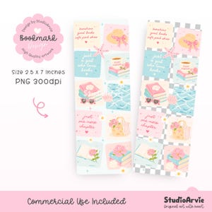 Puede incluir: Dos marcapáginas rectangulares verticales con una cuadrícula de ilustraciones en tonos pastel que incluyen un sombrero de paja, una taza de café sobre libros, una pila de libros con una concha, gafas de sol, una bolsa de playa y un libro abierto.