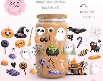 Halloween Ghost Libbey Glass Can Wrap PNG | 16oz Boo Ghost Candy Bat Cauldron Haunted House Black Cat Wrap | Spooky Cute UV DTF Wrap