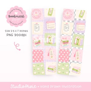 Peut inclure: Deux marque-pages rectangulaires pr&eacute;sentant un motif quadrill&eacute; avec des illustrations de livres, de cartes de biblioth&egrave;que, de re&ccedil;us et de c&oelig;urs. Les designs incluent des couleurs pastel comme le rose, le vert et le violet, avec du texte comme 'Happy Place Bookstore'.