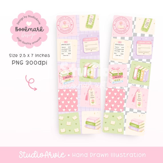 Bookish Girly Bookmark PNG, Book Lover Patchwork Bookmark Design, Cute Reading Aesthetic Sublimation, Printable Bookmark