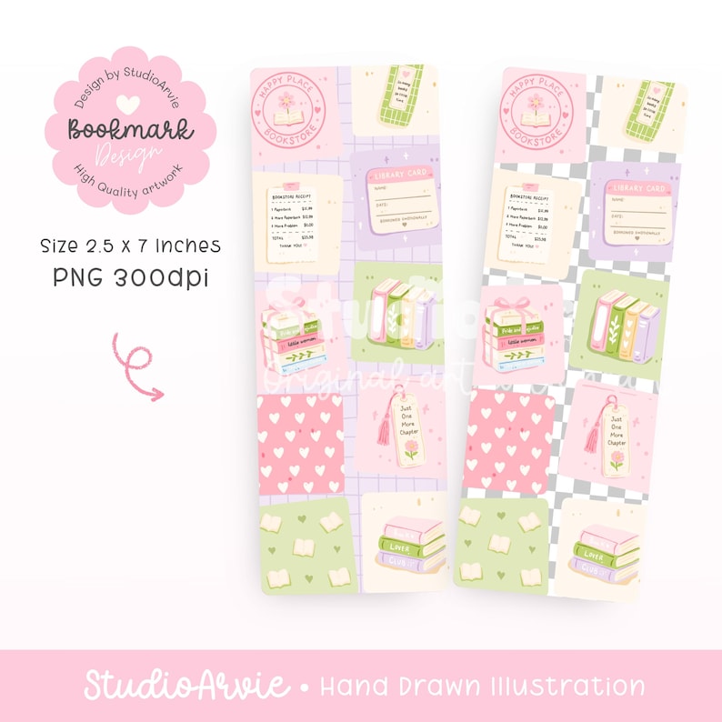 Peut inclure: Deux marque-pages rectangulaires pr&eacute;sentant un motif quadrill&eacute; avec des illustrations de livres, de cartes de biblioth&egrave;que, de re&ccedil;us et de c&oelig;urs. Les designs incluent des couleurs pastel comme le rose, le vert et le violet, avec du texte comme 'Happy Place Bookstore'.