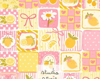 Lemon Patchwork Seamless Pattern, Pastel Yellow Pink Fruit Digital Paper (JPG)
