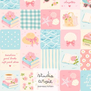 Puede incluir: Un patrón de tela sin costuras con una cuadrícula de cuadrados pastel con ilustraciones de libros, conchas, estrellas de mar, sombreros de sol, flores y tazas de café. El diseño incluye el texto sunshine good books soft pink skies y studio arvie.