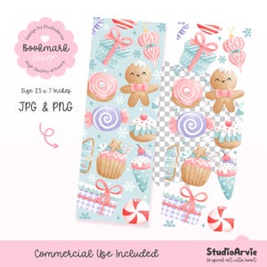 Op de afbeelding: Een digitaal boekenleggerontwerp met aquarel illustraties van peperkoekmannen, cupcakes, snoepjes en cadeaus op een lichtblauwe achtergrond. De boekenlegger meet 6,35 cm x 17,78 cm en bevat de tekst "Bookmark Design".