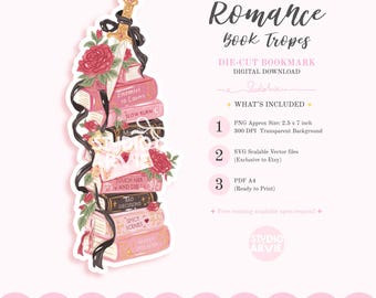 Segnalibro fustellato con motivi di romanzi rosa, pila di libri piccanti con pugnale e rose, libri dark romance, segnalibro stampabile, segnalibro dark romance