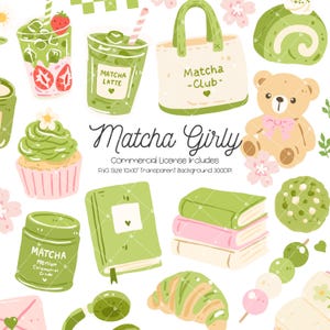 May include: A digital illustration set featuring matcha-themed items including a strawberry matcha drink, a Matcha Latte cup, a Matcha Club tote bag, a matcha roll cake, a teddy bear, a cupcake, a matcha tin, books, a croissant, and dango.