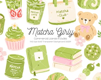 Könnte beinhalten: Ein digitales Illustrationsset mit Matcha-Motiven, darunter ein Erdbeer-Matcha-Getränk, ein Matcha-Latte-Becher, eine Matcha-Club-Tragetasche, eine Matcha-Rolle, ein Teddybär, ein Cupcake, eine Matcha-Dose, Bücher, ein Croissant und Dango-Spieße.
