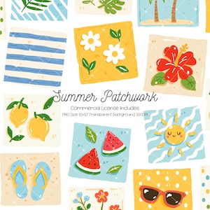 May include: A colorful summer-themed digital art pattern featuring various square illustrations. The squares depict elements like flowers, fruit, sunglasses, and beach scenes. The text "Summer Patchwork" is also included.