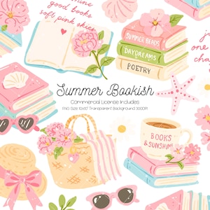 Peut inclure: Un ensemble d'illustrations numériques comprenant des piles de livres, un sac fourre-tout en paille avec des fleurs roses, une tasse marquée BOOKS & SUNSHINE, des lunettes en forme de cœur, un chapeau avec un nœud rose, une étoile de mer et le texte Summer Bookish.