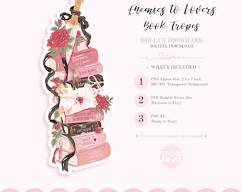 Romance Book Tropes Die Cut Bookmark, Spicy Book Stack with Dagger and Roses, Dark Romance Bookish,Printable Bookmark, Dark Romance Bookmark