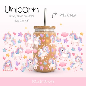 May include: A 16oz glass can with a unicorn design. The can is decorated with pink, blue, and yellow unicorns, stars, and hearts. The can is 9.75 inches tall and 5 inches wide. PNG ONLY.