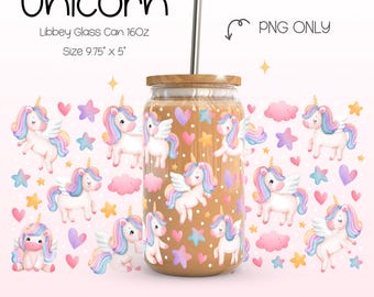 Enhörning PNG Libbey Glasburkplast | Regnbåge Magisk Pastell Pegasus Hjärtan Stjärnor Moln Tumbler Design | Söt Sublimering UV DTF Plastplast