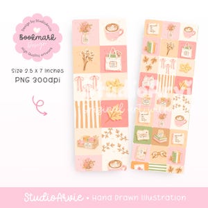 May include: Two rectangular bookmarks featuring a grid of hand-drawn illustrations in soft pink, orange, and green tones. The designs include coffee mugs, tote bags, autumn leaves, books, ribbons, and floral arrangements. Each bookmark measures 2.5 x 7 inches.