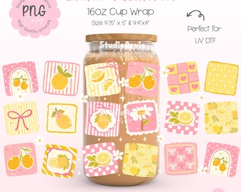 Lemon Patchwork Glass Can Wrap, Lemon Cup Wrap, Coquette Lemon PNG, Summer Fruit Illustration, Summer Cup Wrap, Digital Download