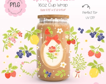 May include: A clear glass cup wrap design with a wooden lid, featuring a floral and fruit theme. The design includes strawberries, blueberries, lemons, and flowers. The text on the wrap says "Spring Season" and "16OZ Cup Wrap", with dimensions of 9.75" x 5" & 9.4"x4".