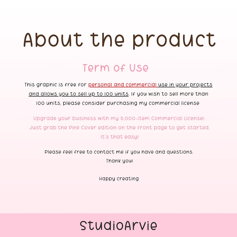 May include: A digital information graphic with a white and pink gradient background. The text reads: About the product, Term of Use, This graphic is free for personal and commercial use in your projects and allows you to sell up to 100 units.