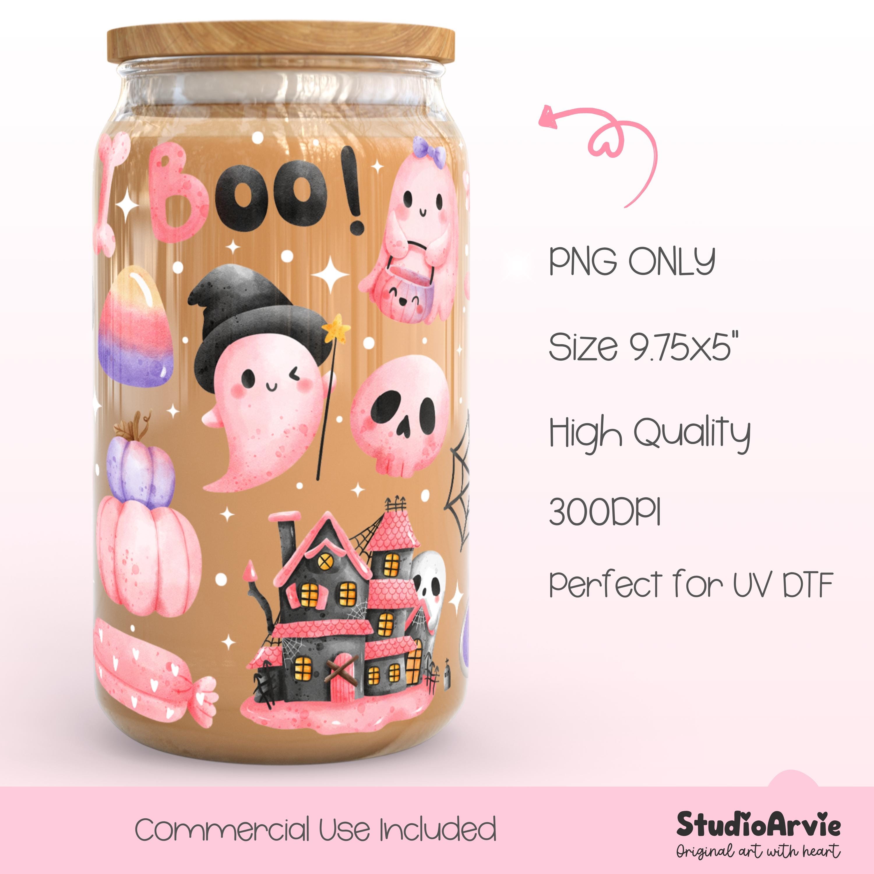 Pink Halloween Libbey Glass Can Wrap PNG | 16oz Cute Ghost Candy ...