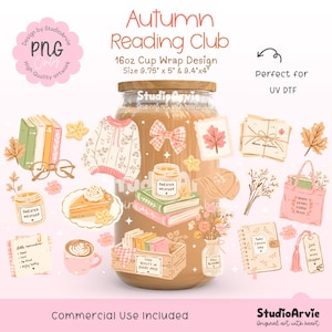 Puede incluir: Un diseño gráfico digital titulado Autumn Reading Club para una envoltura de taza de 16oz, con ilustraciones de libros, suéteres, velas, café y hojas de otoño en tonos pastel. El diseño incluye elementos de texto y varios iconos estacionales.