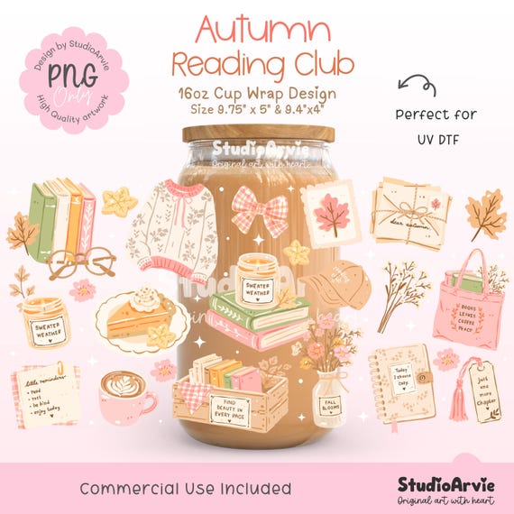 Autumn Reading Club 16oz Cup Wrap PNG, Fall Book Lover Libbey Glass Wrap, UV DTF Design, Cozy Books Coffee Cup Wrap, Png