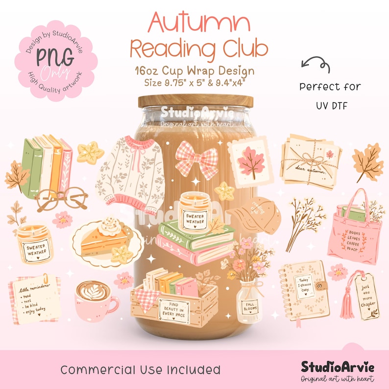 May include: A digital graphic design titled Autumn Reading Club for a 16oz cup wrap, featuring illustrations of books, sweaters, candles, coffee, and autumn leaves in soft pastel colors. The design includes text elements and various cozy seasonal icons.