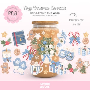 May include: A digital cup wrap design titled Cozy Christmas Essentials featuring hand-drawn illustrations of gingerbread cookies, Christmas trees, candy canes, gifts, mittens, and a book. The text includes 24.76 x 12.7 cm and 23.8 x 10.1 cm.