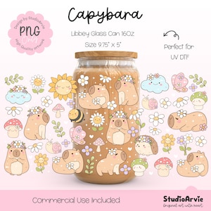 May include: A Libbey glass can, 9.75" x 5", featuring a capybara design with floral and nature-themed illustrations. The design includes cartoon capybaras, flowers, mushrooms, and a bee. The text "Capybara" is at the top.