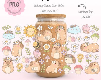 Capybara Flower Glass Can Wrap, Kawaii Capybara Cup Wrap, Capybara Glass Wrap, Cuteness Capybara, Kawaii Capybara Sticker