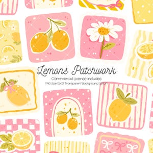 Puede incluir: Un diseño de patchwork digital con varias ilustraciones cuadradas de limones y margaritas sobre fondos rosas y amarillos. El diseño incluye el texto "Lemons Patchwork".