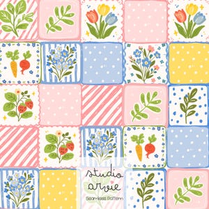 May include: A seamless pattern featuring a patchwork design with various floral and vegetable illustrations. The squares showcase tulips, strawberries, carrots, and forget-me-nots, set against backgrounds of polka dots, stripes, and solid colors. The text "studio arvie" and "Seamless Pattern" are also included.