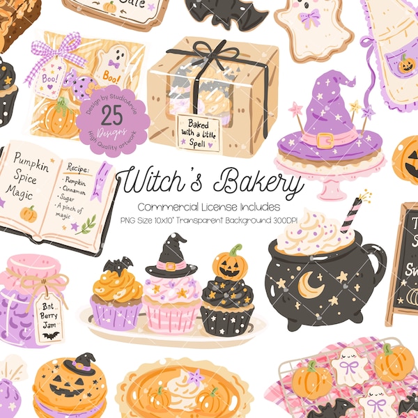 以下が含まれることがあります： Witch's Bakeryと題されたデジタルイラストセット。魔女の帽子をかぶったカップケーキ、ホイップクリームがのった大釜、パンプキンスパイスのレシピ本、クッキー、Baked with a little Spellと書かれたギフトボックスなど、ハロウィーンをテーマにした焼き菓子が描かれています。