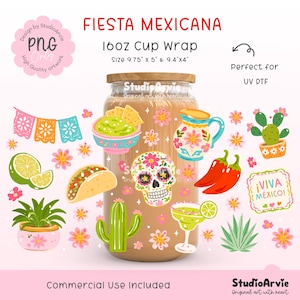 May include: A digital graphic design for a 16oz cup wrap titled FIESTA MEXICANA, featuring illustrations of a sugar skull, tacos, guacamole, cacti, chili peppers, a margarita, and lime slices, with text indicating sizes of 9.75 inches by 5 inches.