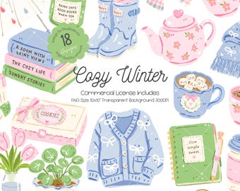 May include: A collection of digital illustrations featuring a green candle, blue rain boots, a pink teapot, a stack of books, a blue cardigan with bow patterns, a green notebook, a blue mug with marshmallows, a cookie box, and potted plants.