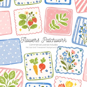 May include: A repeating pattern of square illustrations with floral and vegetable designs. The squares are in pastel colors, including pink, blue, and green, with white scalloped edges. The text "Flowers Patchwork" is displayed in a script font.