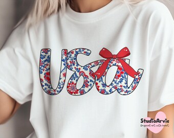 USA フローラル コケット svg png 愛国的な昇華 キュートな独立記念日ガーリーなアメリカ クリップアート レトロなリボン USA デザイン シャツ マグ ステッカー デカール