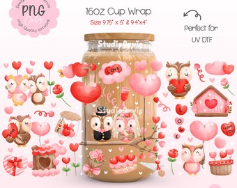 Valentine Owl Cup Wrap, Valentine Cups Wrap, Valentines Glass Can Wrap, Valentine Hearts Wrap, Valentines Day Aesthetics